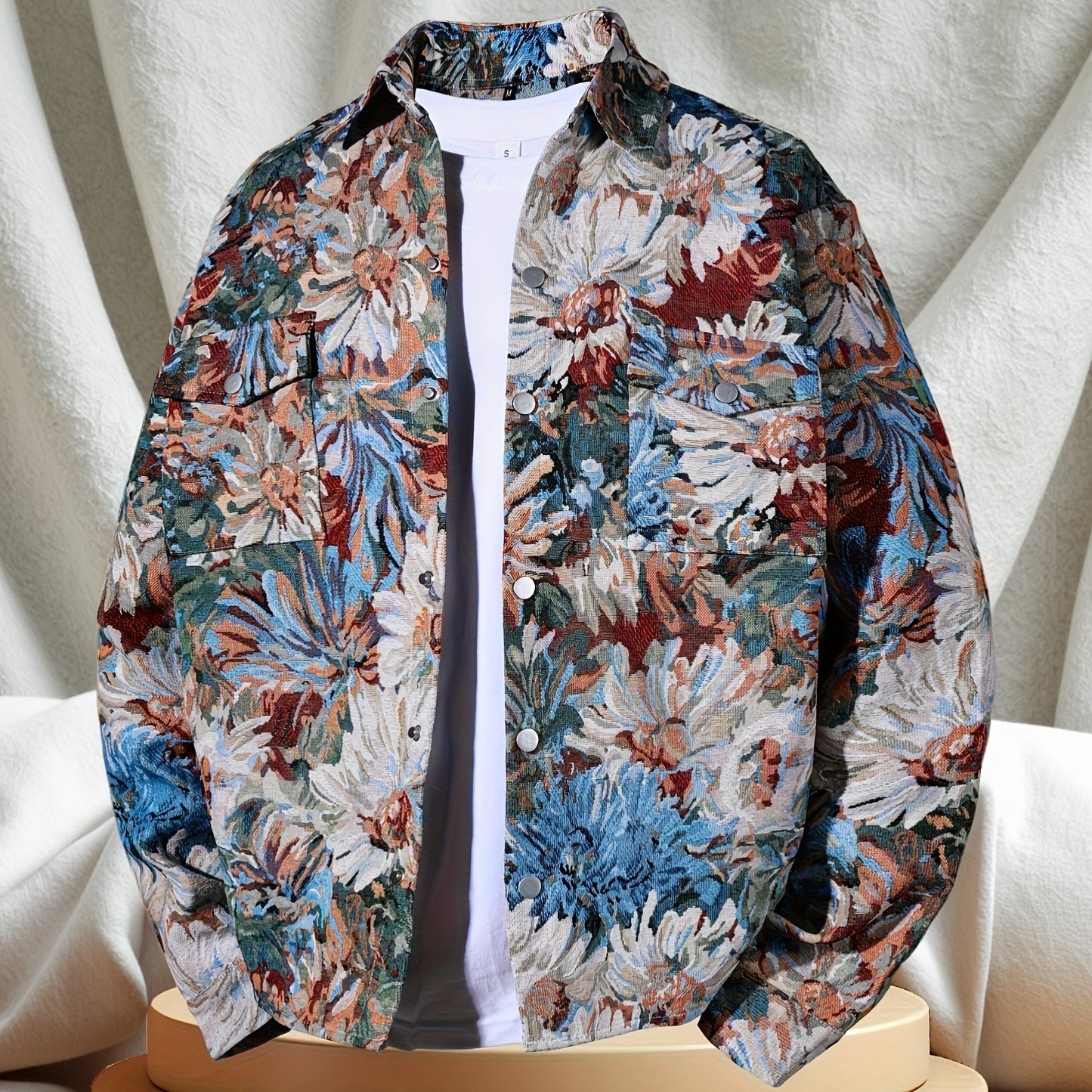 Men'S Stylish Floral Print Button-Up Jacket - Double-Breasted, Two-Pocket Design, Casual Workwear with Lapel Collar, All-Season Versatile Outerwear, Casual Outerwear | Floral Print Jacket | Nonstretch Fabric