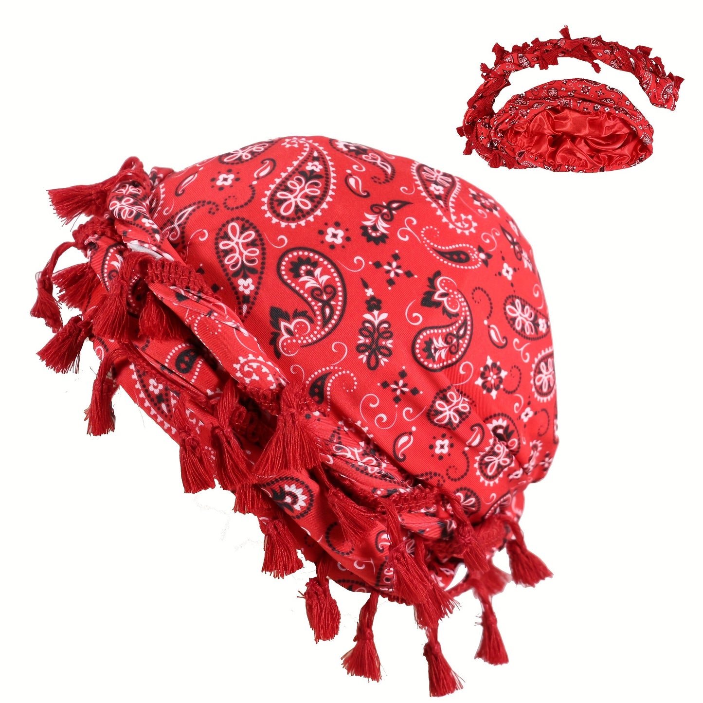 Satin-Lined Bandana Cap with Fringe Tassels