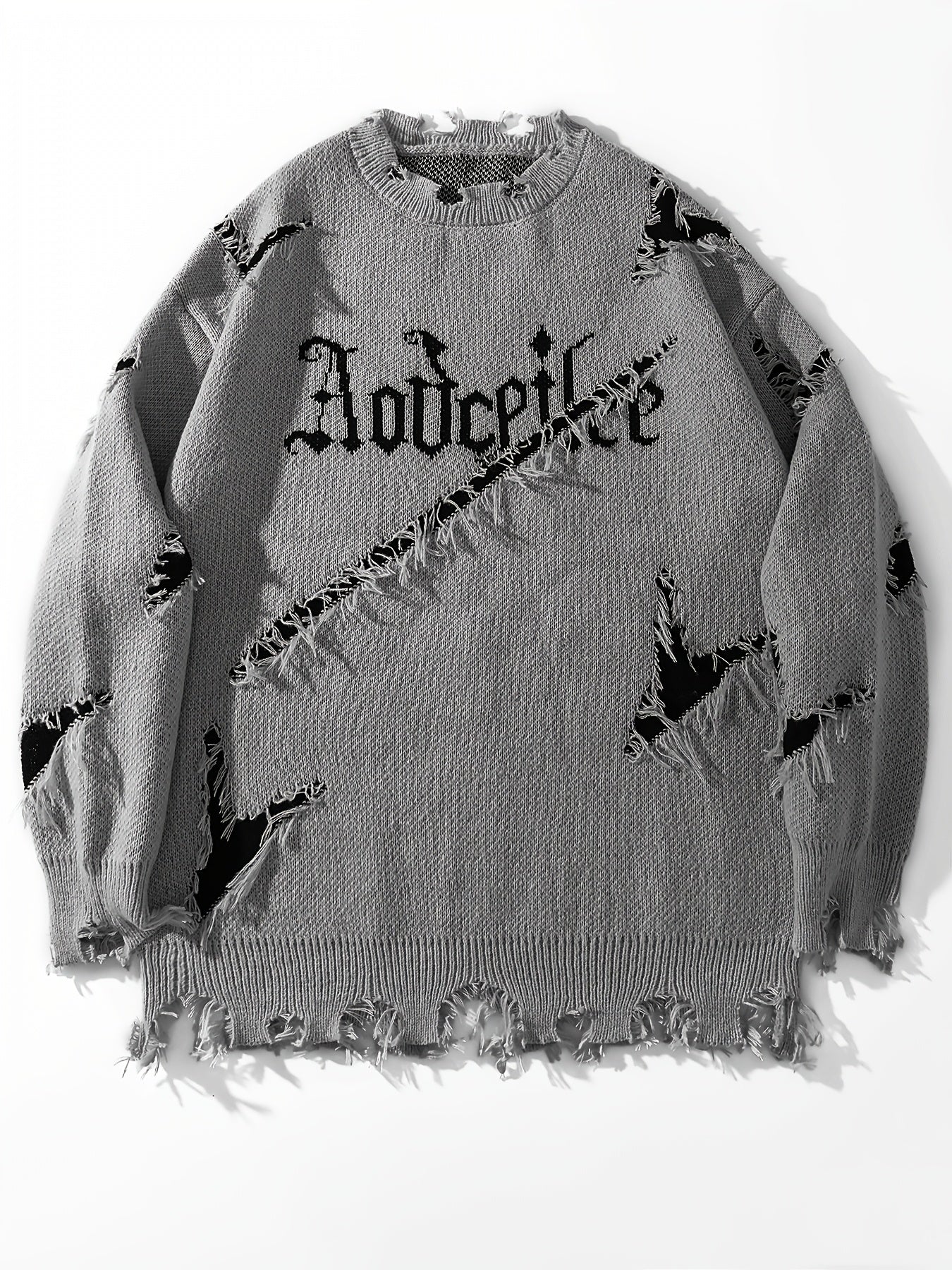 Men's Casual Streetwear Sweater - Relaxed Fit Drop Shoulder, Distressed Letter Embroidery & Ripped Details, Long Sleeve Pullover for Autumn Winter, Medium Elasticity Fabric