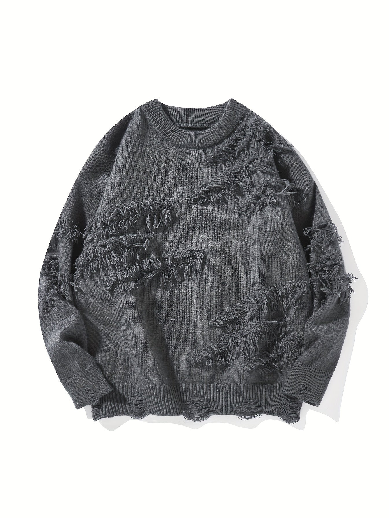 Temujin OBM Men's Distressed Knit Sweater - Casual Chic Pullover with Asymmetrical Frayed Hem, Drop Shoulder Sleeves & Round Neck, Machine Washable Solid Color Long Sleeve Shirt for Autumn/Winter, Versatile for Casual & Party