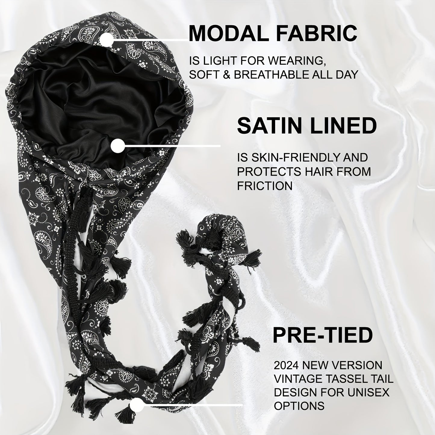 Satin-Lined Bandana Cap with Fringe Tassels