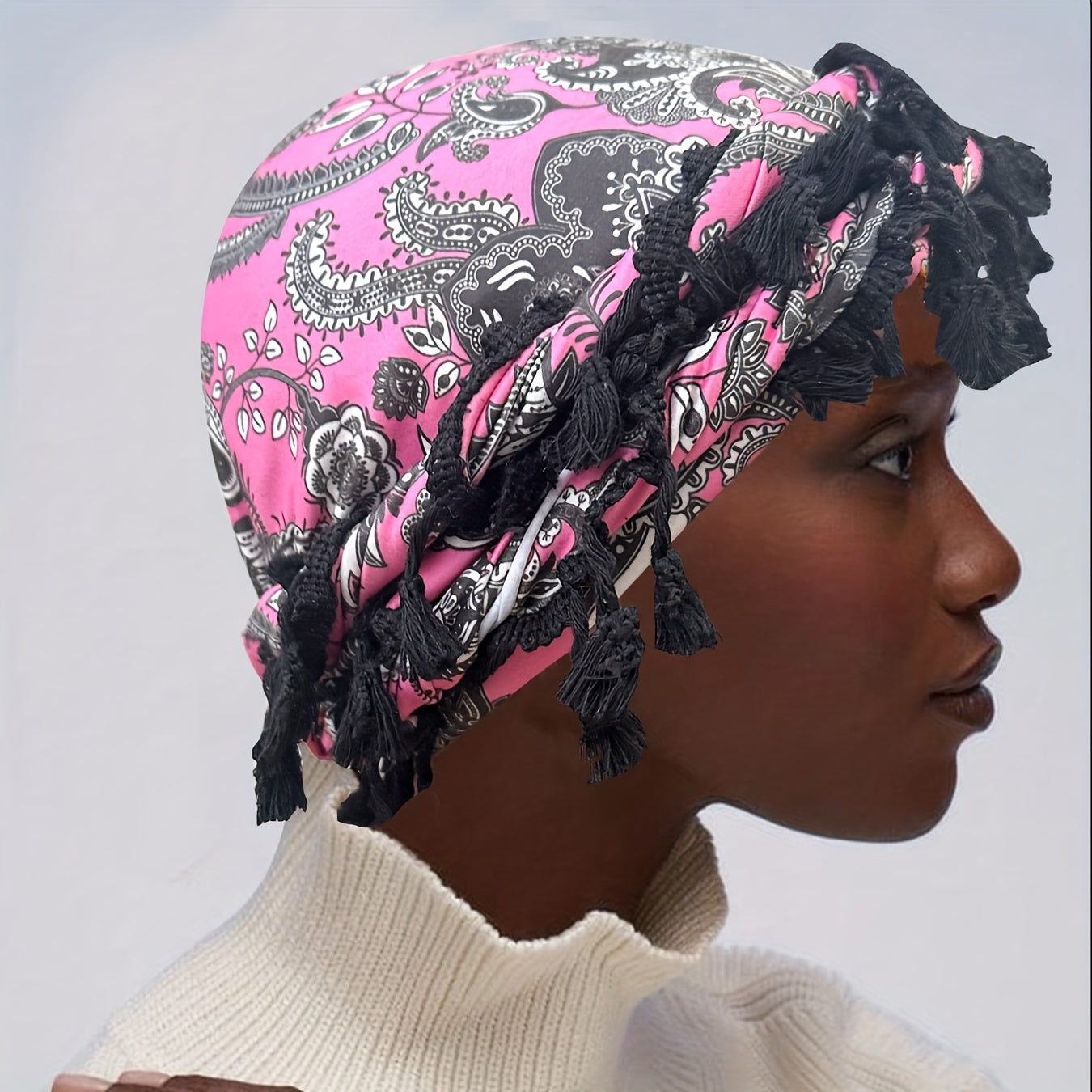 Satin-Lined Bandana Cap with Fringe Tassels