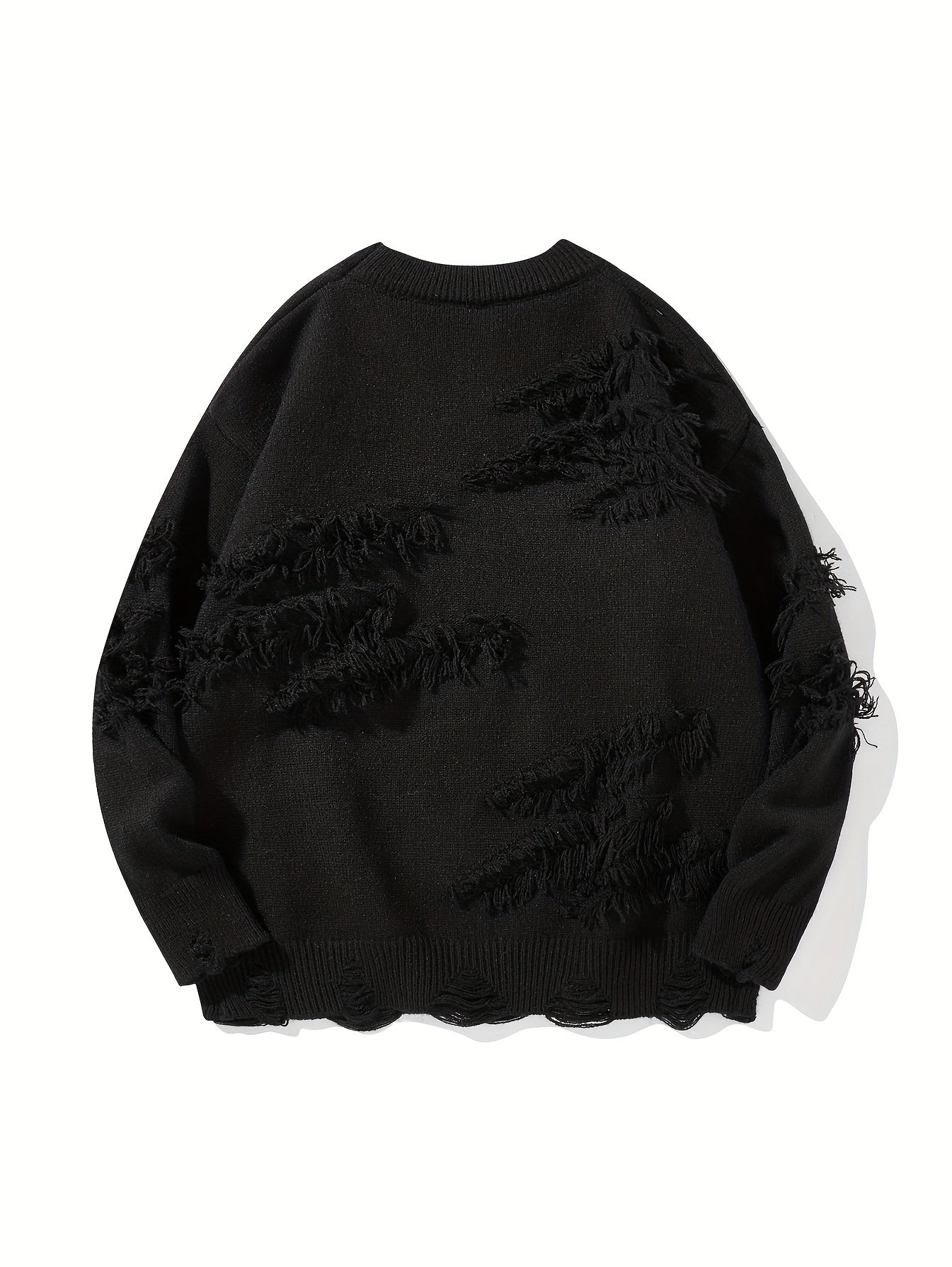 Temujin OBM Men's Distressed Knit Sweater - Casual Chic Pullover with Asymmetrical Frayed Hem, Drop Shoulder Sleeves & Round Neck, Machine Washable Solid Color Long Sleeve Shirt for Autumn/Winter, Versatile for Casual & Party