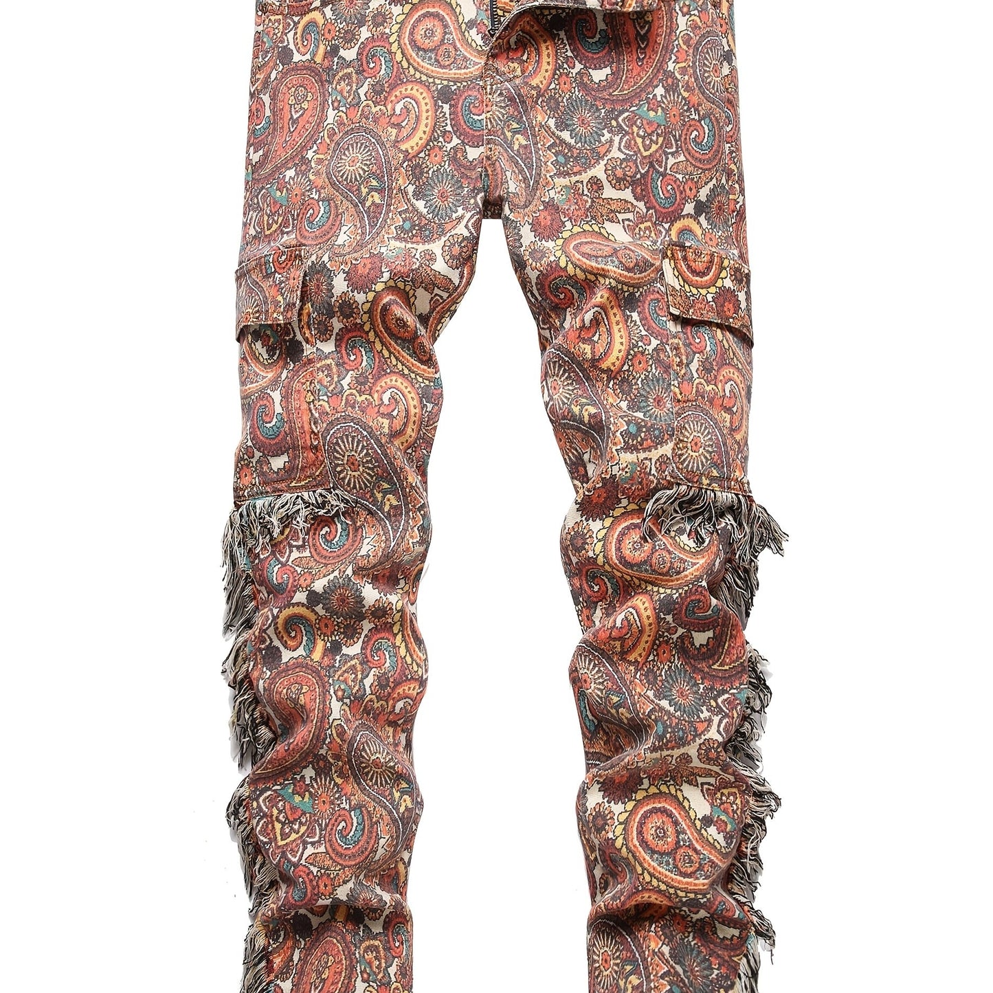 Men'S Retro Ethnic Style Hip-hop Jeans With Butterfly Print And Flowing Fringe Design, Outdoor Casual Work Pants With Random Pattern Position