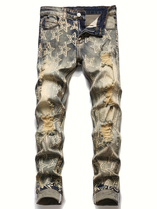 Men's Retro Star Print Stretch Slim-Fit Jeans - Vintage Ripped Denim with Distressed Details, Comfortable Straight Leg Casual Pants for Casual Attire