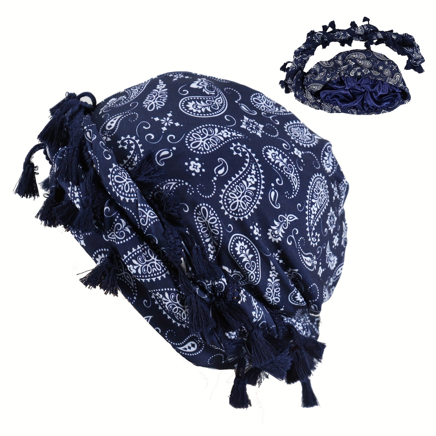 Satin-Lined Bandana Cap with Fringe Tassels