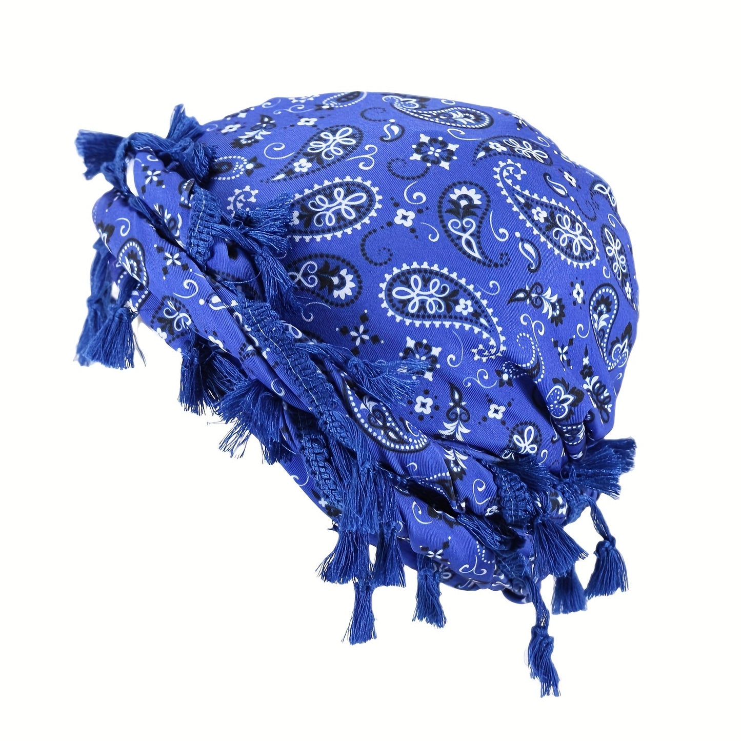 Satin-Lined Bandana Cap with Fringe Tassels