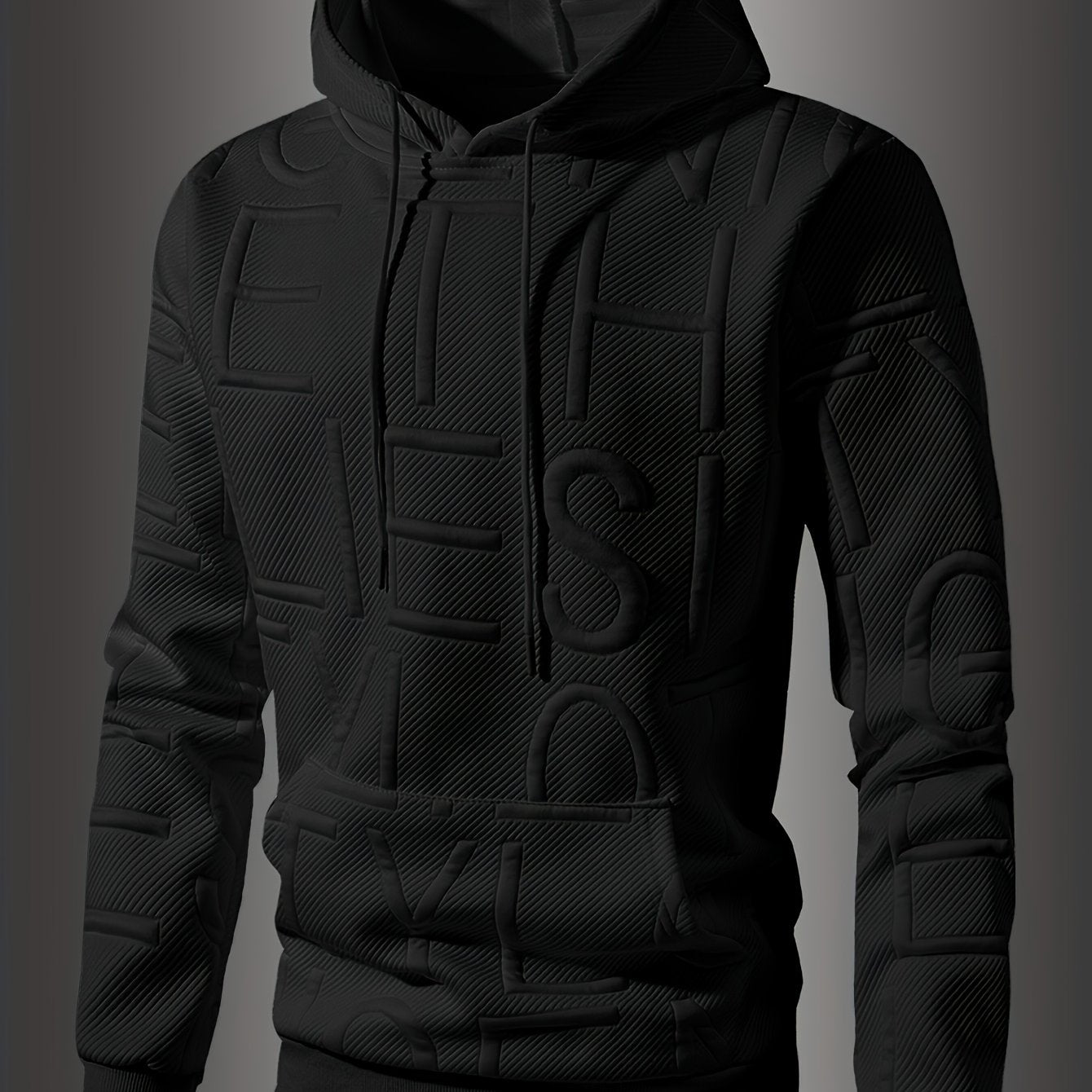 [Soft Casual Hooded Sweatshirt] Soft Polyester Blend Men's Casual Hooded Sweatshirt - Long Sleeve, Drawstring Hood with Kangaroo Pocket, Textured Letter Design, Ideal for Spring/Fall, Oversized