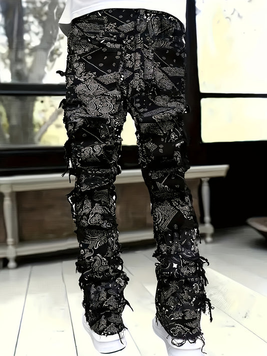 Men'S Streetwear Graphic Print Jeans - Slim Fit, Straight Leg, Zipper Fly, All-Season Casual Pants with Unique Skull & Floral Design, Streetwear Jeans | Trendy Streetwear | Durable Fabric