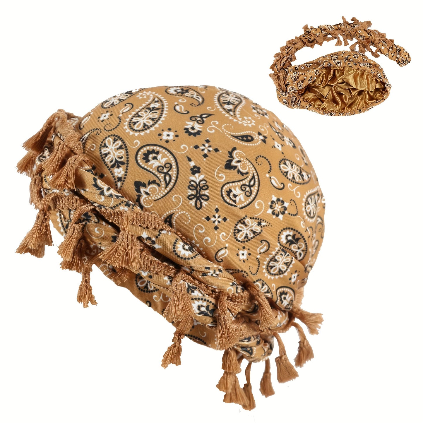 Satin-Lined Bandana Cap with Fringe Tassels