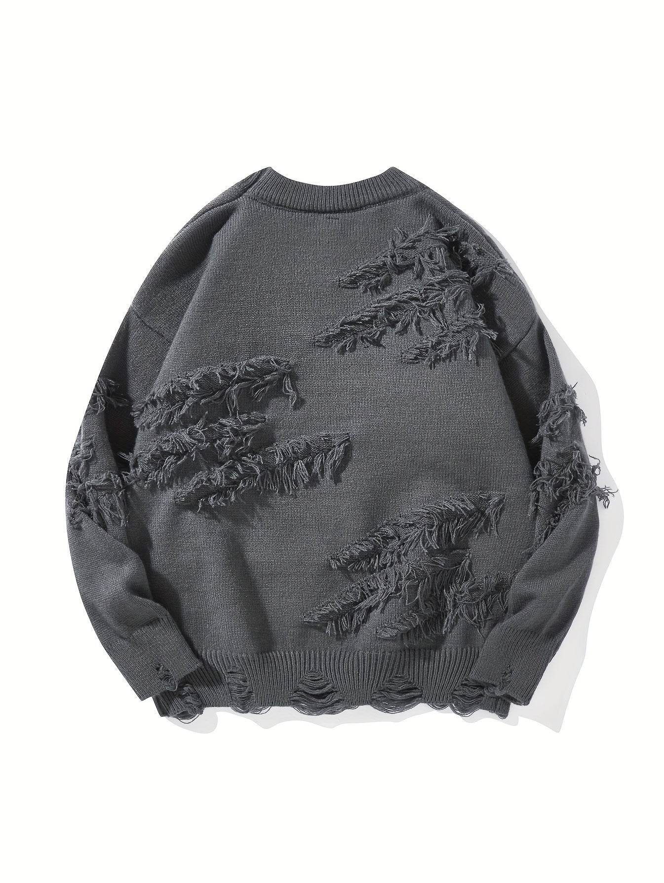 Temujin OBM Men's Distressed Knit Sweater - Casual Chic Pullover with Asymmetrical Frayed Hem, Drop Shoulder Sleeves & Round Neck, Machine Washable Solid Color Long Sleeve Shirt for Autumn/Winter, Versatile for Casual & Party