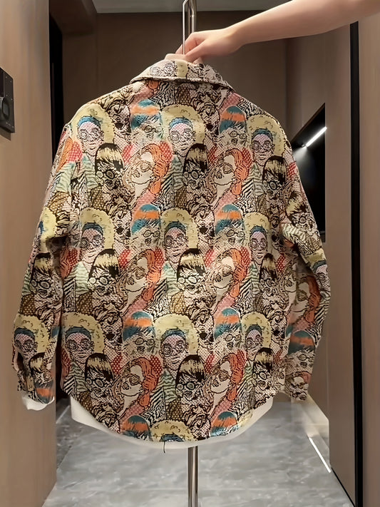 Men'S Fashionable Cartoon-Embroidered Long-Sleeve Shirt - Slim Fit, Button-Up, Lightweight & Breathable for All Seasons, Perfect for Outdoor Leisure Street Style Hip Hop, Casual Wear|Cartoon Pattern Shirt|Slim Fit Shirt