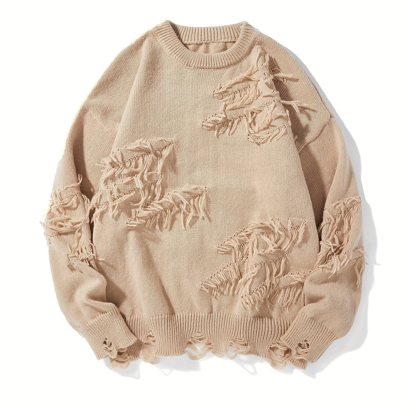 Temujin OBM Men's Distressed Knit Sweater - Casual Chic Pullover with Asymmetrical Frayed Hem, Drop Shoulder Sleeves & Round Neck, Machine Washable Solid Color Long Sleeve Shirt for Autumn/Winter, Versatile for Casual & Party