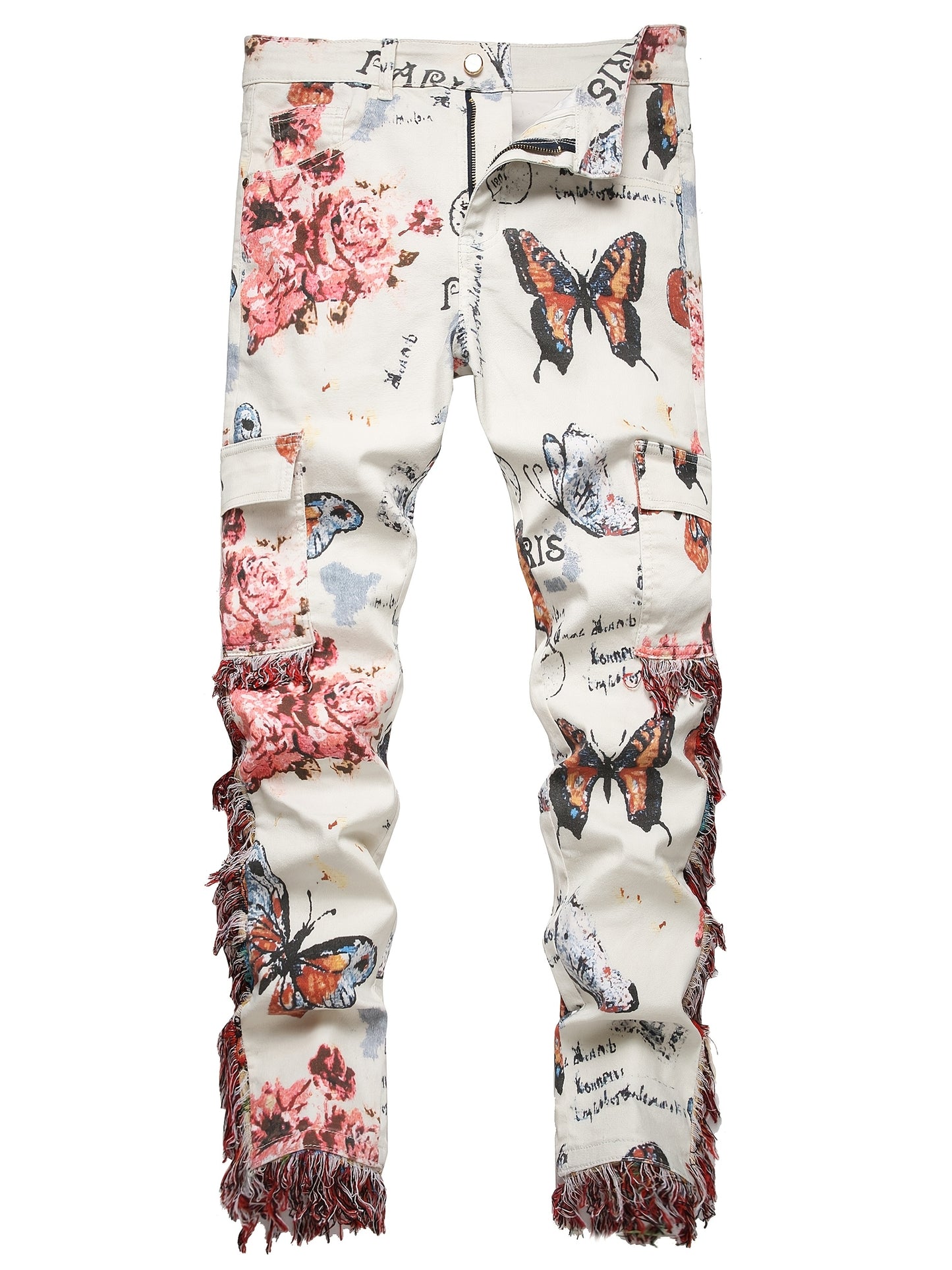 Men'S Retro Ethnic Style Hip-hop Jeans With Butterfly Print And Flowing Fringe Design, Outdoor Casual Work Pants With Random Pattern Position