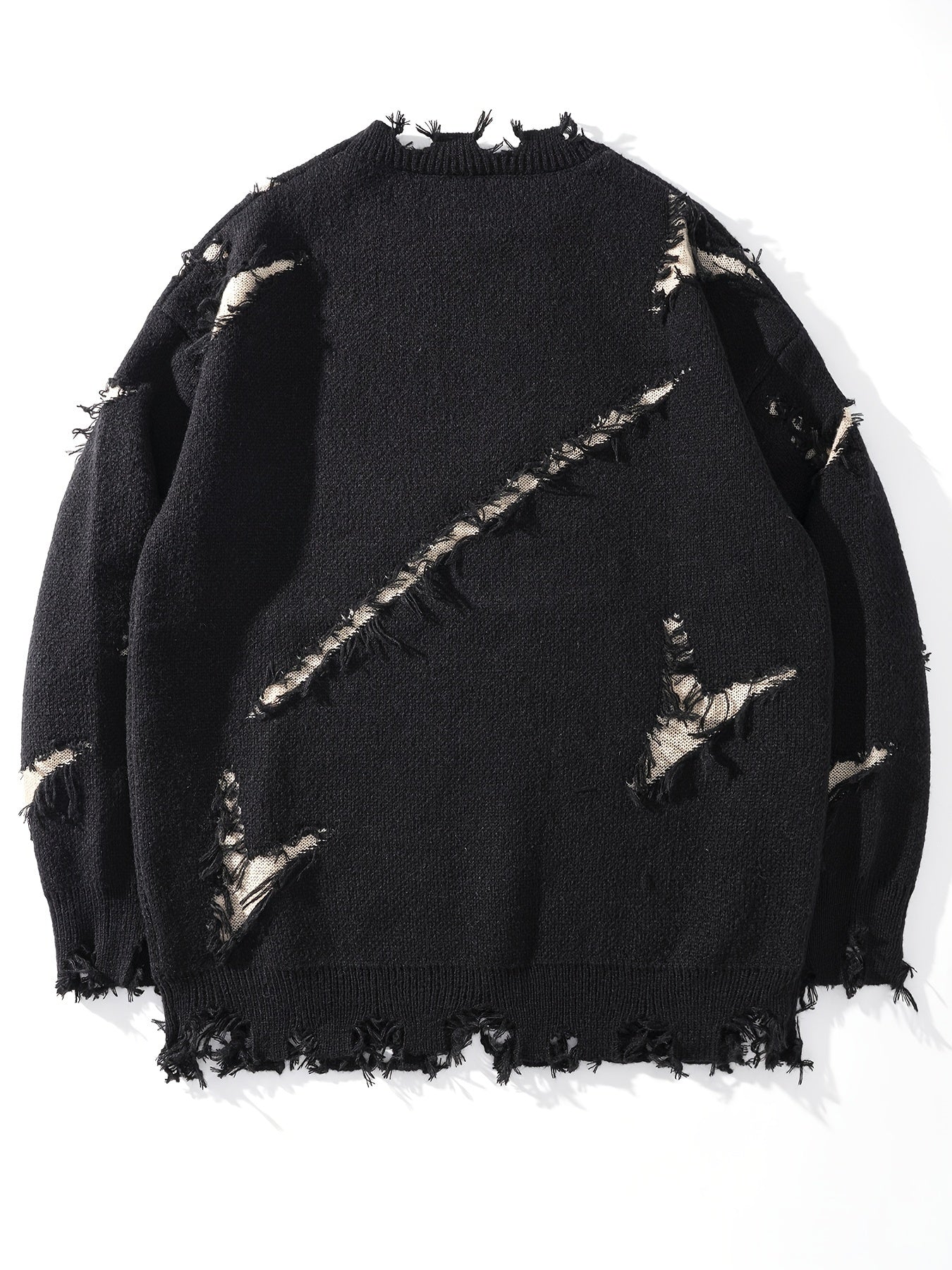 Men's Casual Streetwear Sweater - Relaxed Fit Drop Shoulder, Distressed Letter Embroidery & Ripped Details, Long Sleeve Pullover for Autumn Winter, Medium Elasticity Fabric