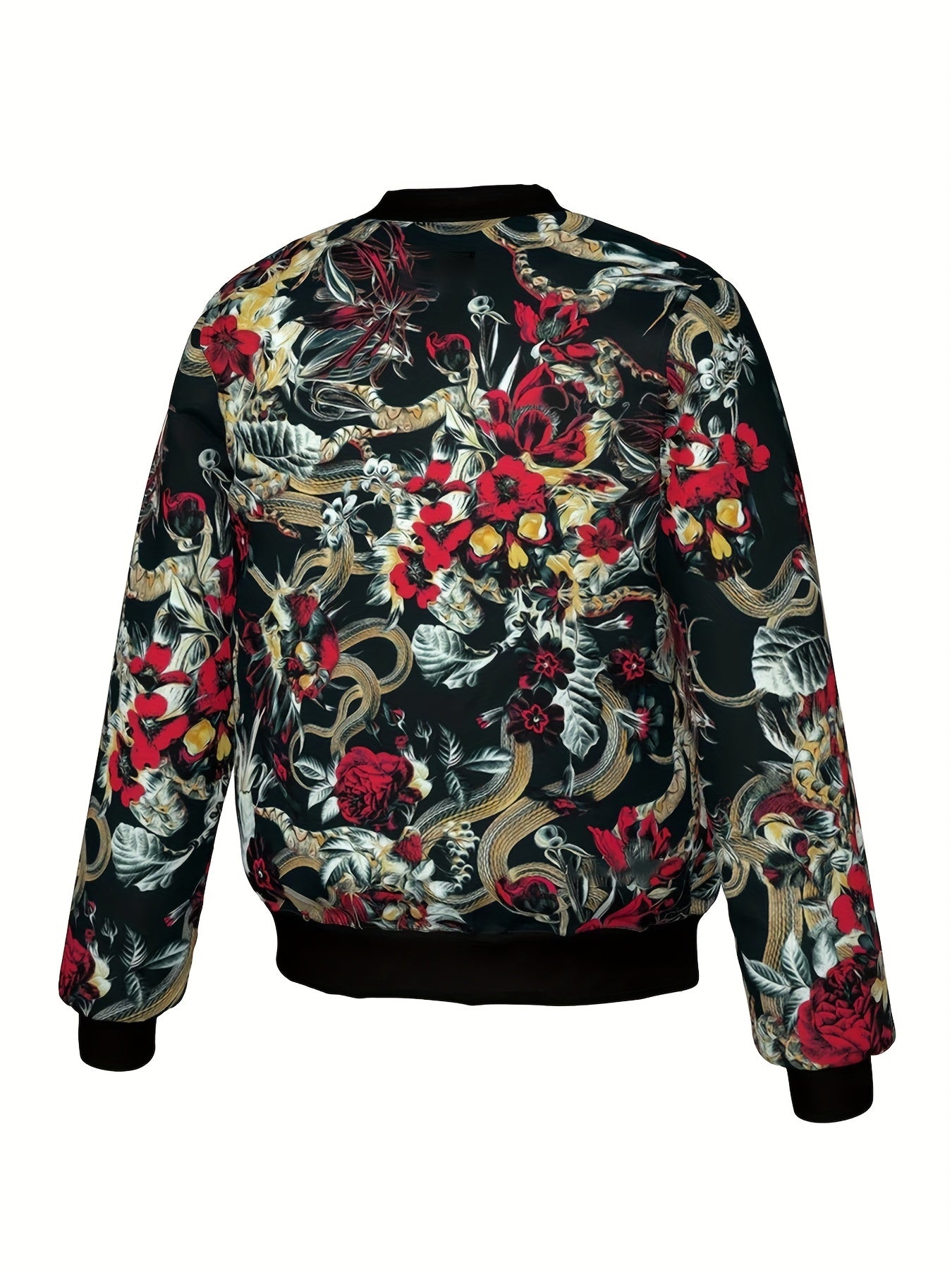 Long Sleeve Retro Style Men's Spring And Autumn Fashion Stand Collar Zip Up Sports Jacket With Flower And Leaf Pattern, Suitable For Street And Daily Wear