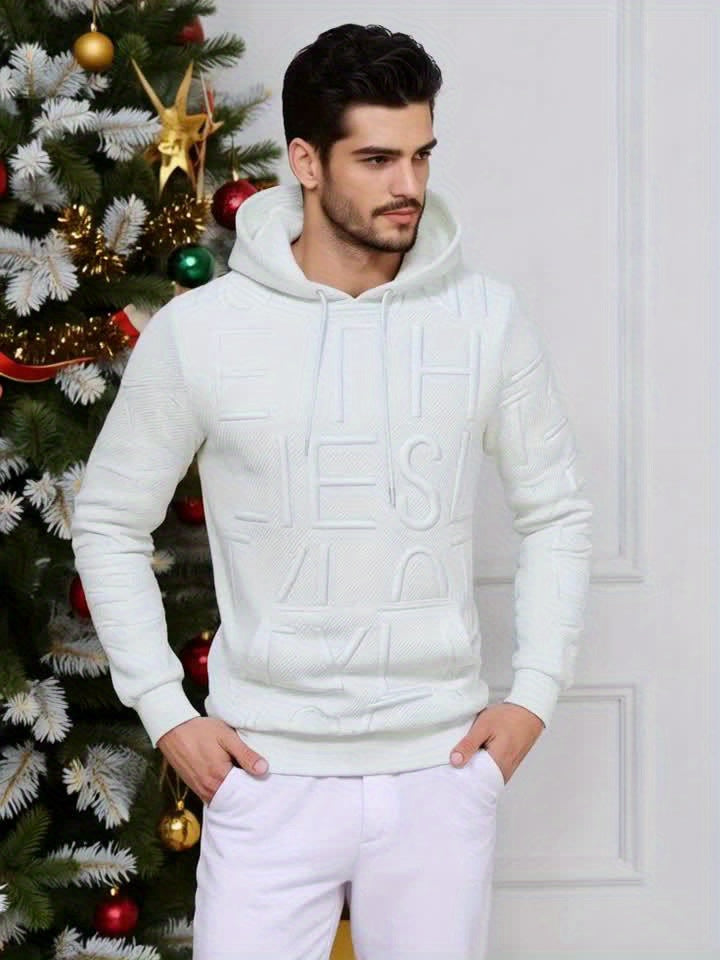 [Soft Casual Hooded Sweatshirt] Soft Polyester Blend Men's Casual Hooded Sweatshirt - Long Sleeve, Drawstring Hood with Kangaroo Pocket, Textured Letter Design, Ideal for Spring/Fall, Oversized