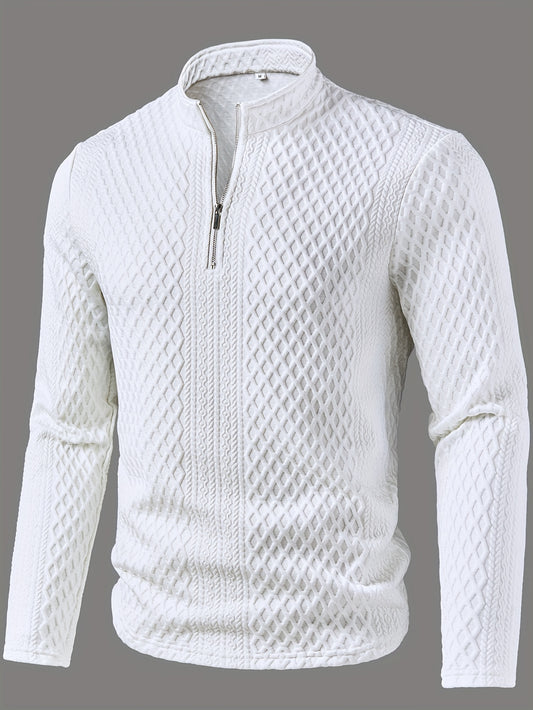 Men's White Full-Zip Henley Collar Long Sleeve Sweater Jacket - Solid Color Winter Warmth, Zippered Front Closure, Machine Washable Casual & Formal Outerwear for Fall/Winter, Versatile Everyday & Special Occasion Coat
