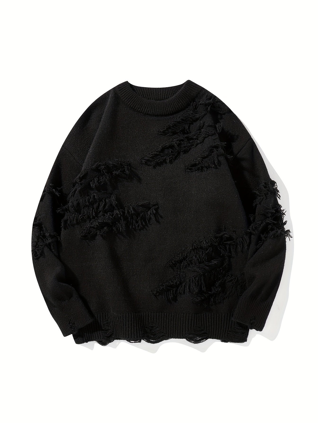 Temujin OBM Men's Distressed Knit Sweater - Casual Chic Pullover with Asymmetrical Frayed Hem, Drop Shoulder Sleeves & Round Neck, Machine Washable Solid Color Long Sleeve Shirt for Autumn/Winter, Versatile for Casual & Party