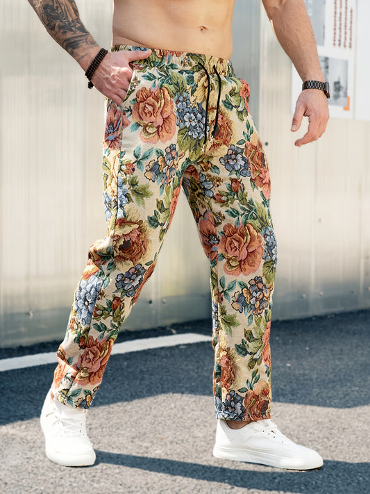 Men's Retro Floral Jacquard Straight-Leg Pants – Vibrant Multicolor Flower Texture, Loose Fit Casual Trousers with Drawstring Waist, Polyester Fabric for All Seasons