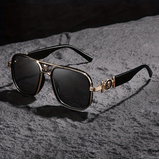 Vintage Oversized Fashion Glasses with Unique Metal Decor, Retro Style PC Lenses, Copper Alloy Frame - Street Style Fashion Accessory for Men, Without Battery