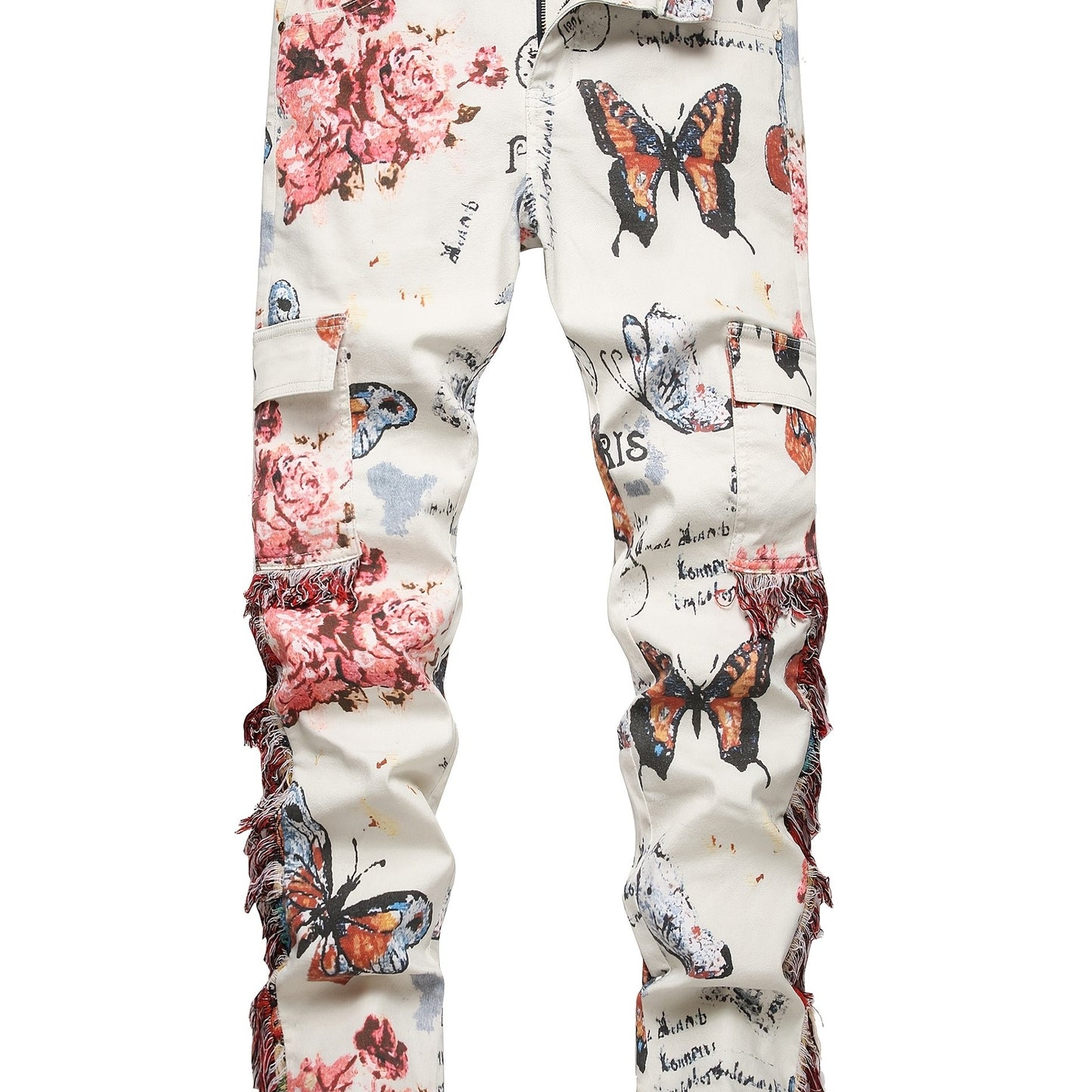 Men'S Retro Ethnic Style Hip-hop Jeans With Butterfly Print And Flowing Fringe Design, Outdoor Casual Work Pants With Random Pattern Position