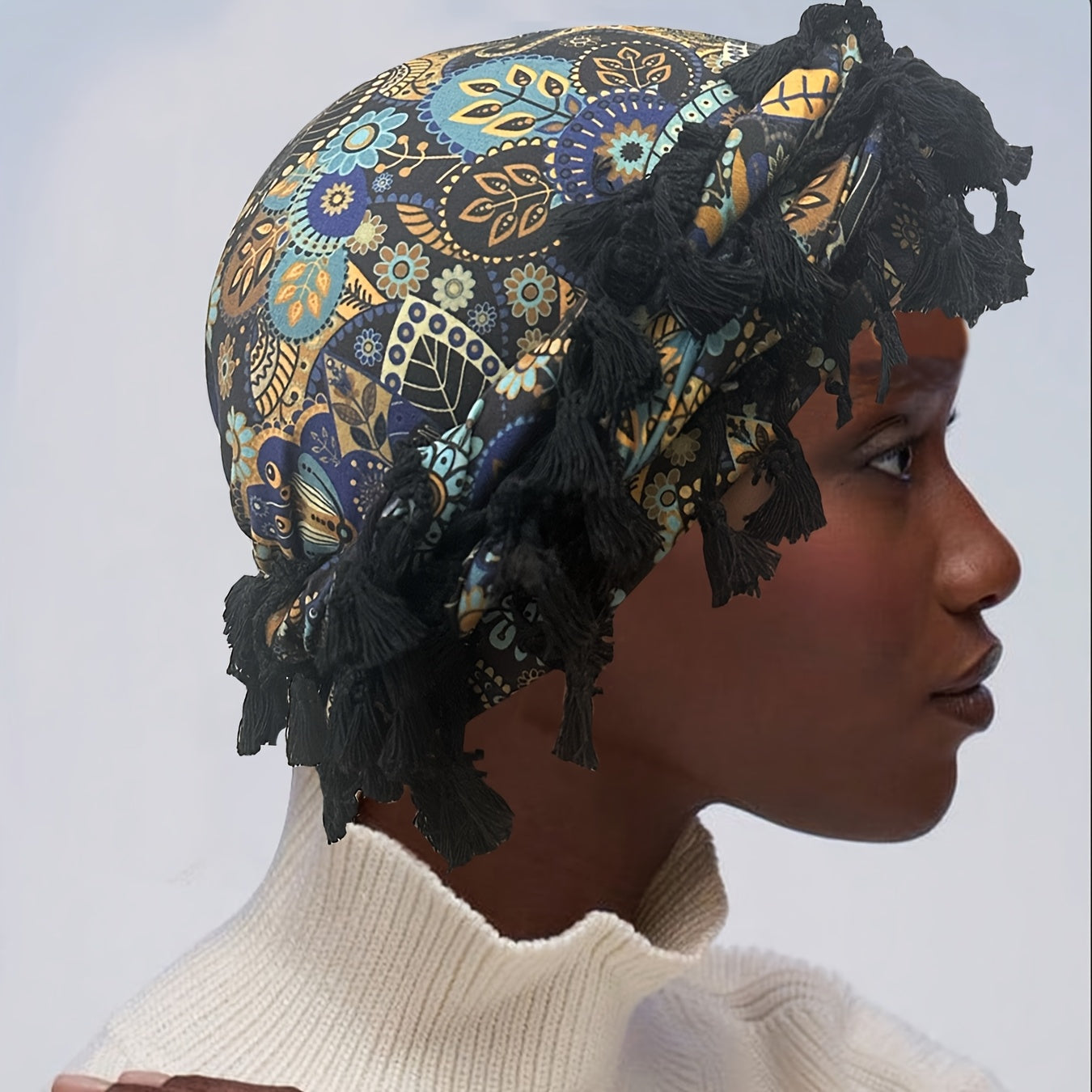 Satin-Lined Bandana Cap with Fringe Tassels