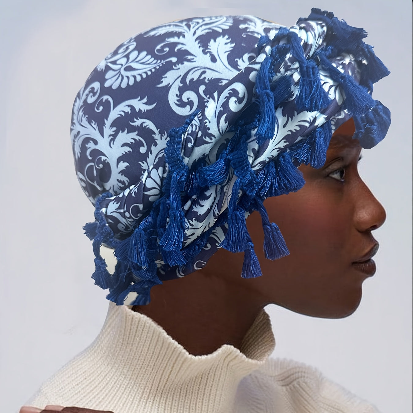 Satin-Lined Bandana Cap with Fringe Tassels
