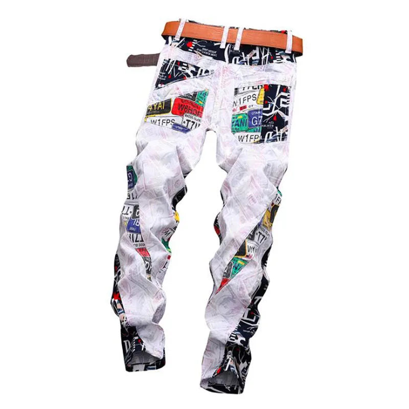 White pants with colorful graphic designs on a white background