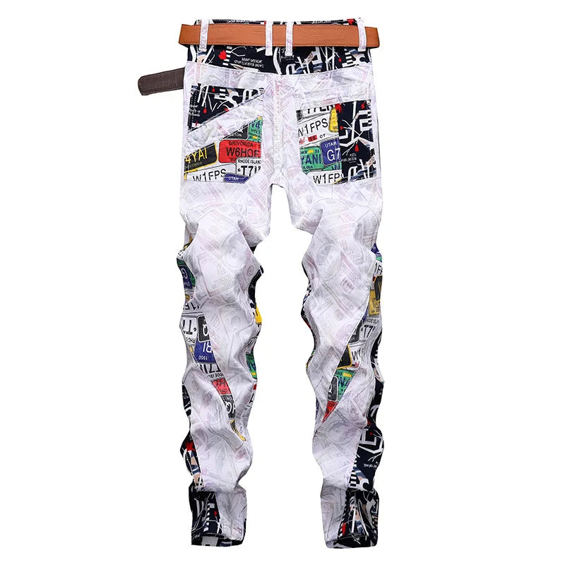 White pants with colorful graphic design on a white background