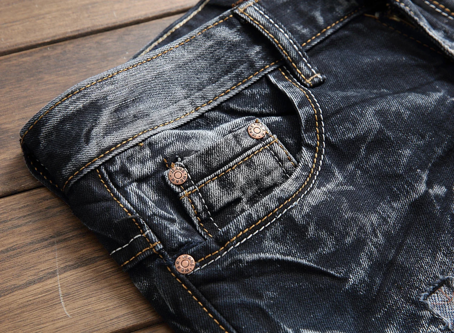 New Patchwork Ripped Casual Jeans Men's Street Wear Retro Distressed Motorcycle Slim Fit Straight Fashion Denim Trousers Male