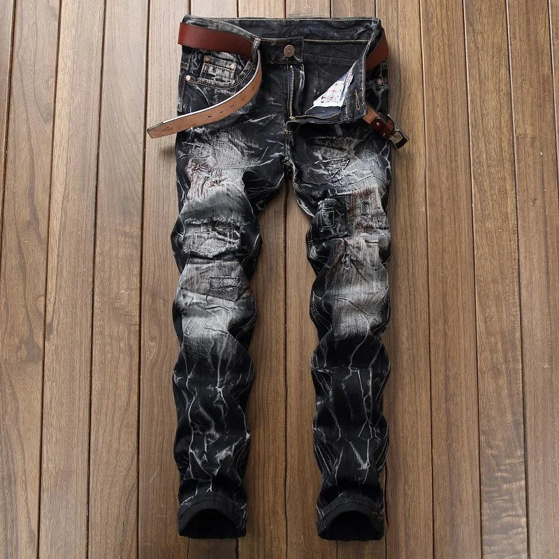 New Patchwork Ripped Casual Jeans Men's Street Wear Retro Distressed Motorcycle Slim Fit Straight Fashion Denim Trousers Male