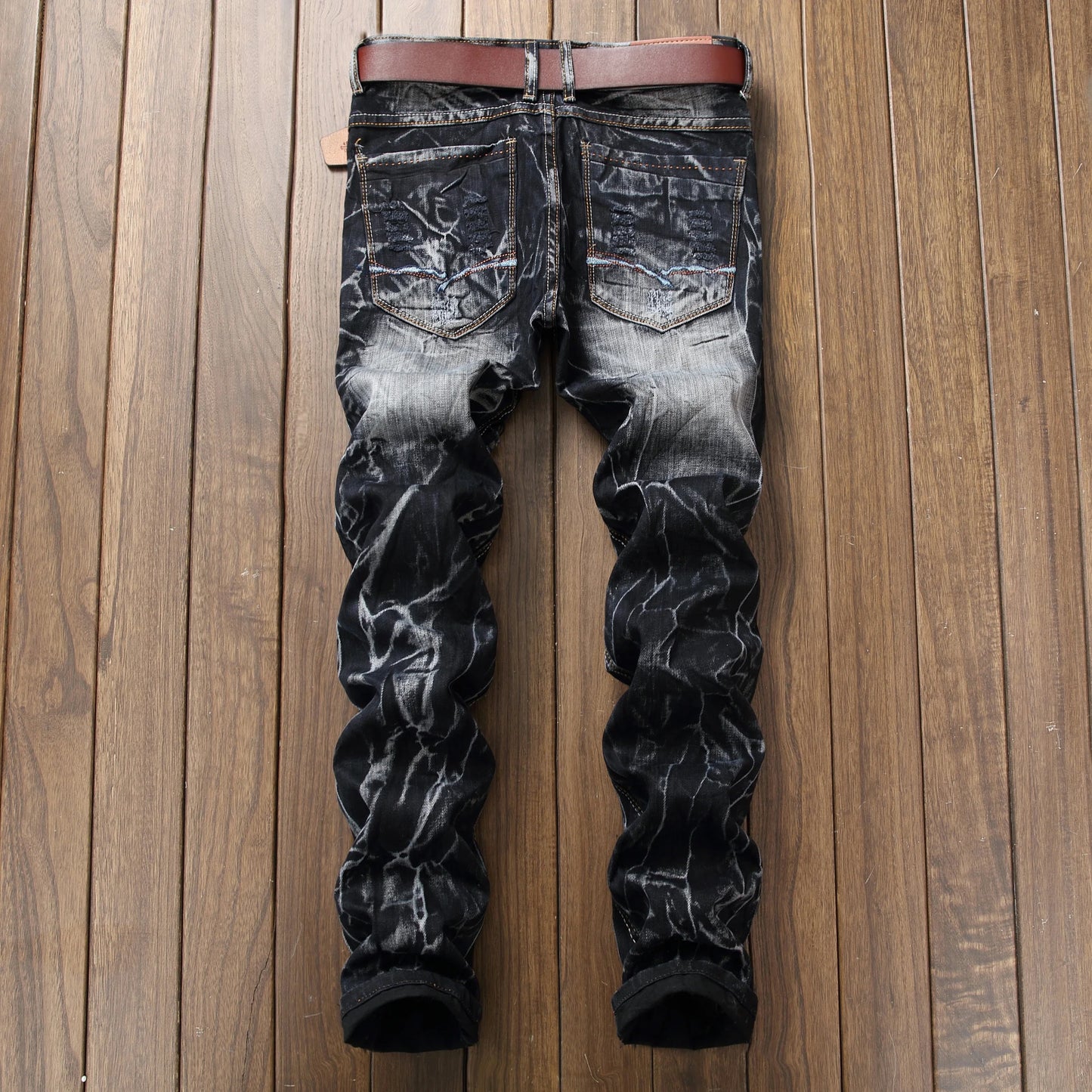 New Patchwork Ripped Casual Jeans Men's Street Wear Retro Distressed Motorcycle Slim Fit Straight Fashion Denim Trousers Male