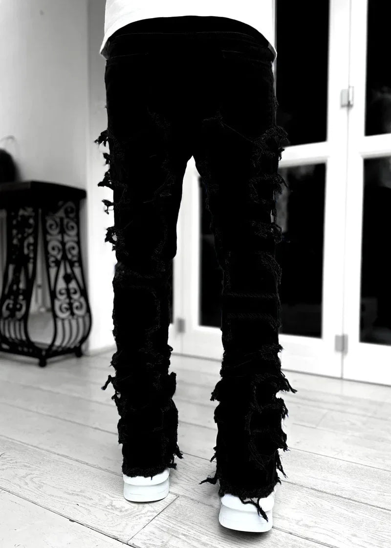 Stretchy Vintage Blue Stacked Jeans For Men Premium Raw Frayed Denim Destroyed Washed Patchworks Pants New