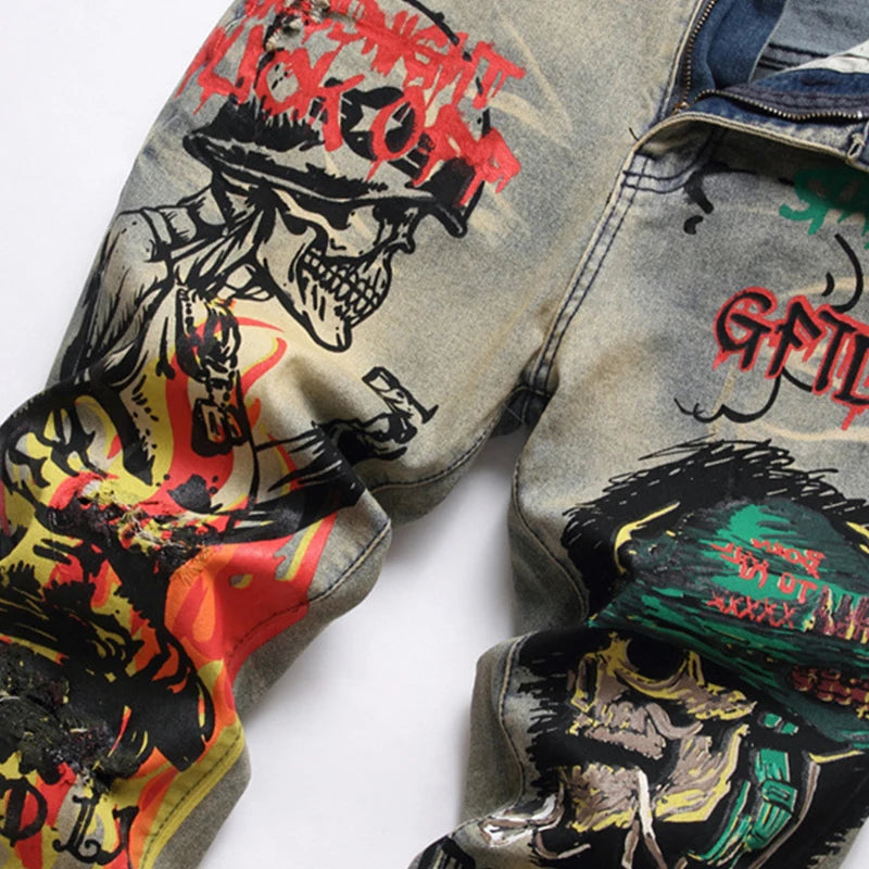 2024 new Men's jeans 3373 Vintage blue jeans ripped trend stretch slim skull pants all men's pants