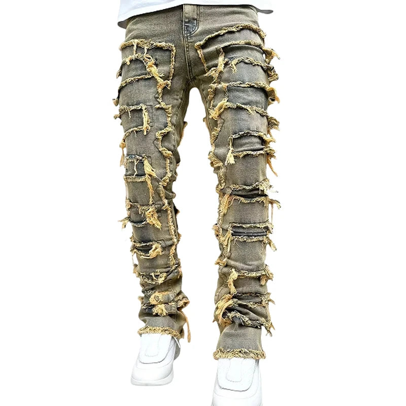 Kakan - New Men's Elastic Patch Jeans, Y2k Clothes Street Fashion Straight Leg Pants Long Jeans Jeans Man Brand