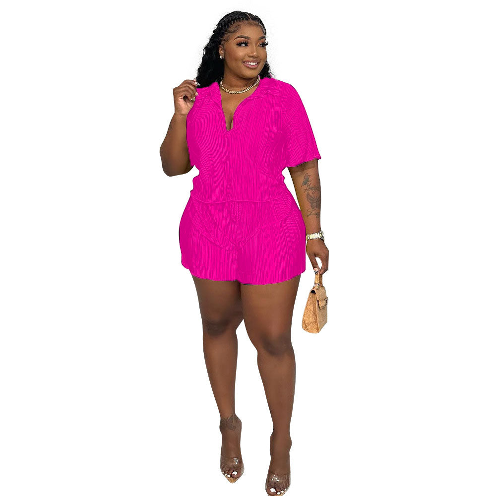 CM.YAYA Street Vintage Pleated Women's Set Short Sleeve Shirt Blouse and Shorts Suit 2023 INS Two 2 Piece Set Outfit Tracksuit