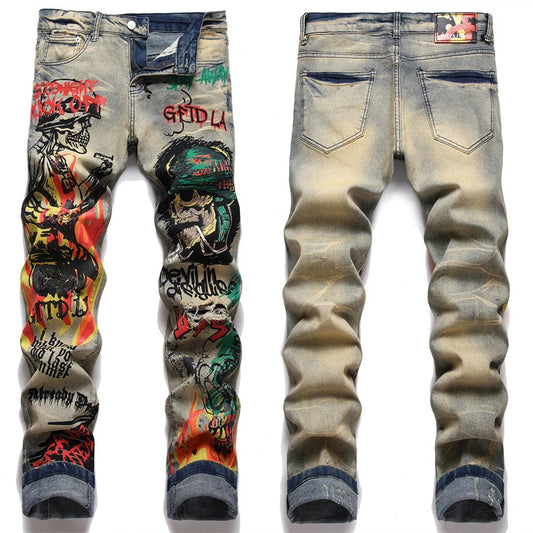2024 new Men's jeans 3373 Vintage blue jeans ripped trend stretch slim skull pants all men's pants