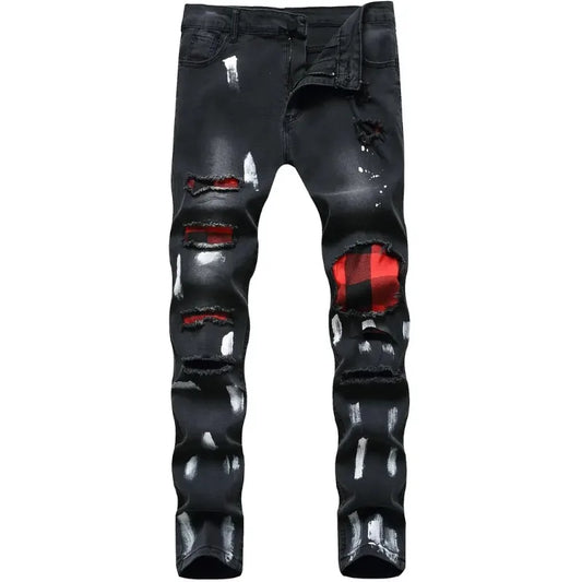 Men's Slim Black Jeans Classic Man Pants Streetwear for Man Clothes Rhinestones Denims Tears Baggy Clothing Mens Thin Jeans（New）