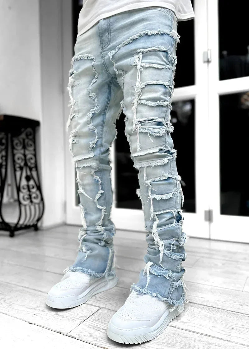 Stretchy Vintage Blue Stacked Jeans For Men Premium Raw Frayed Denim Destroyed Washed Patchworks Pants New