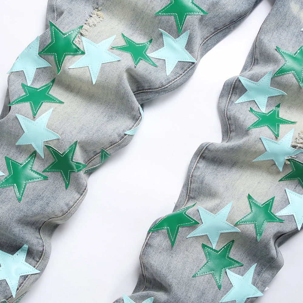 Men Leather Stars Patch Denim Jeans Streetwear Slim Tapered Pants Holes Ripped Distressed Stretch Cotton Trousers