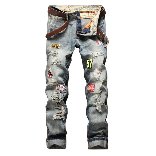 High Street Casual Motorcycle Jeans for Men (without Belt) Badge Distressed Straight-leg Slim-fit Ripped Denim Trousers Male