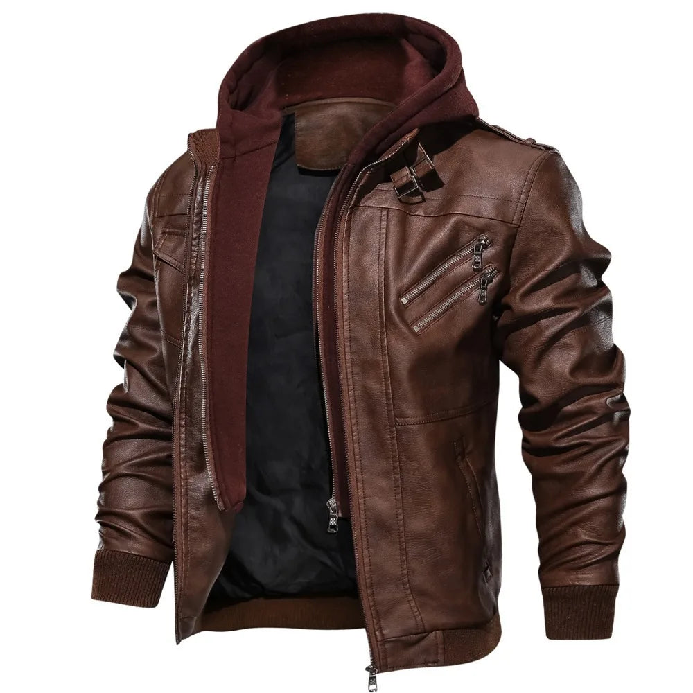 Male PU Hooded Collar Zipper Autumn Casual Slim Windbreaker Chaquetas Motorcycle Leather Jacket Men Winter Fleece Tactics Coat