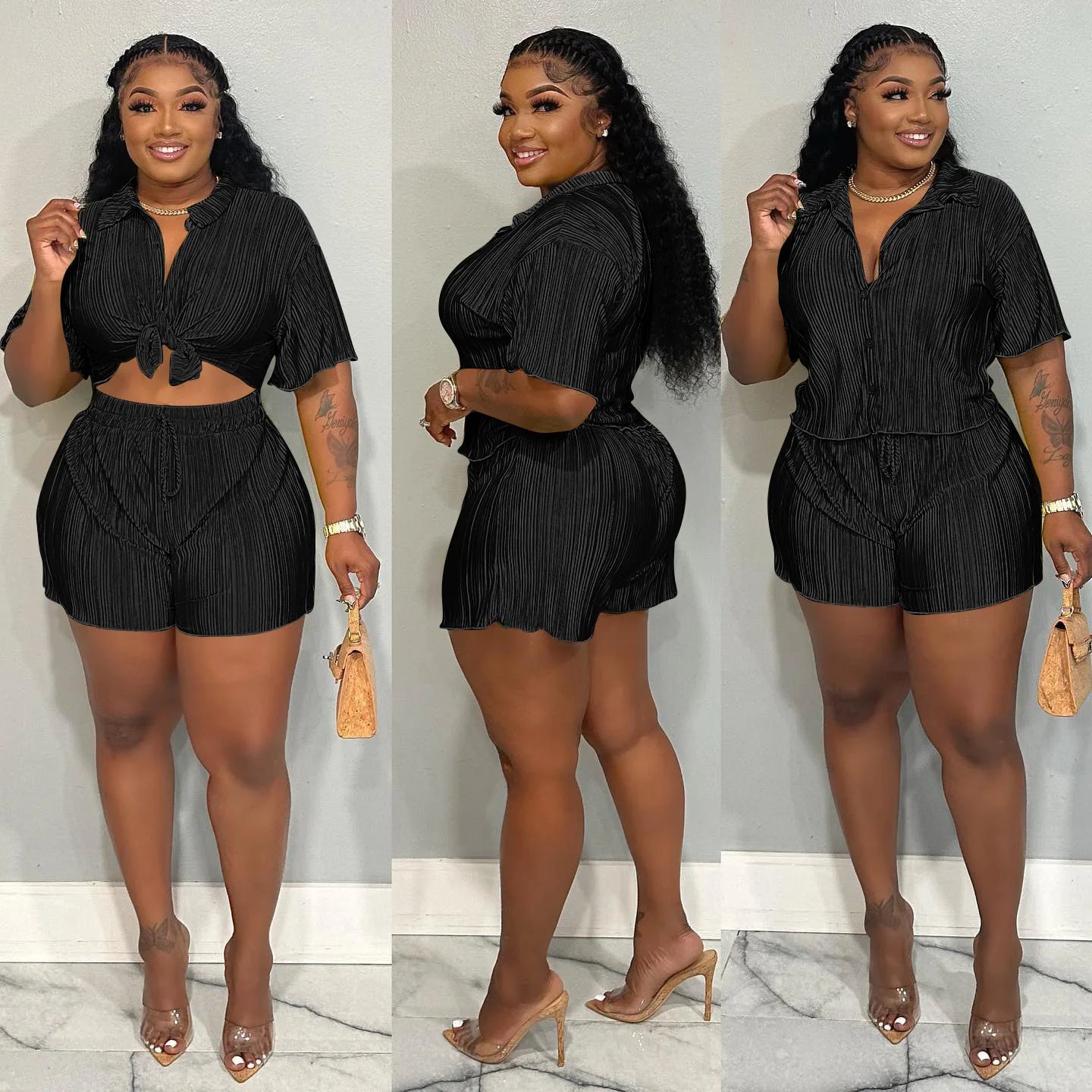 CM.YAYA Street Vintage Pleated Women's Set Short Sleeve Shirt Blouse and Shorts Suit 2023 INS Two 2 Piece Set Outfit Tracksuit