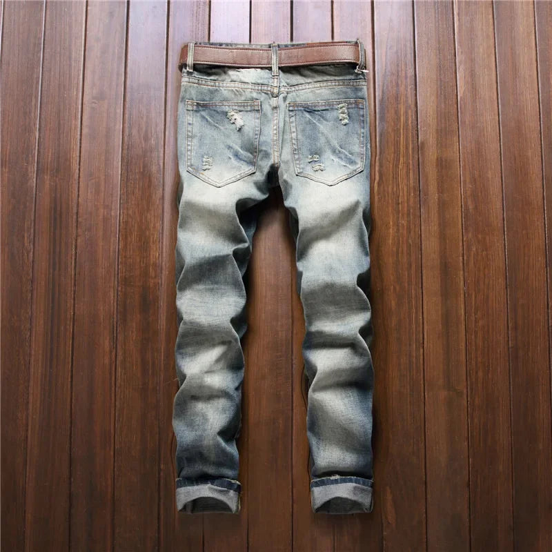High Street Casual Motorcycle Jeans for Men (without Belt) Badge Distressed Straight-leg Slim-fit Ripped Denim Trousers Male