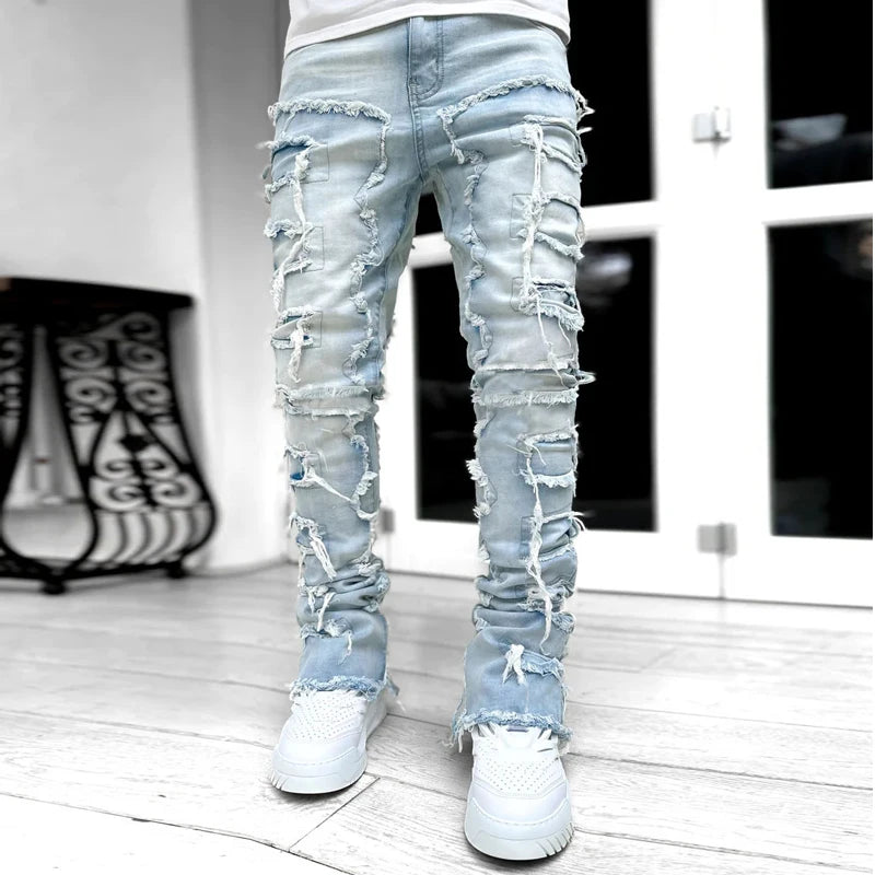 Kakan - New Men's Elastic Patch Jeans, Y2k Clothes Street Fashion Straight Leg Pants Long Jeans Jeans Man Brand