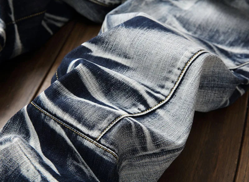 2025 Men's Fashion Vintage Jeans Slim Straight Leg Tie Dye Pleated Biker Denim Pants Male Casual Pants Oversized 42 High Quality