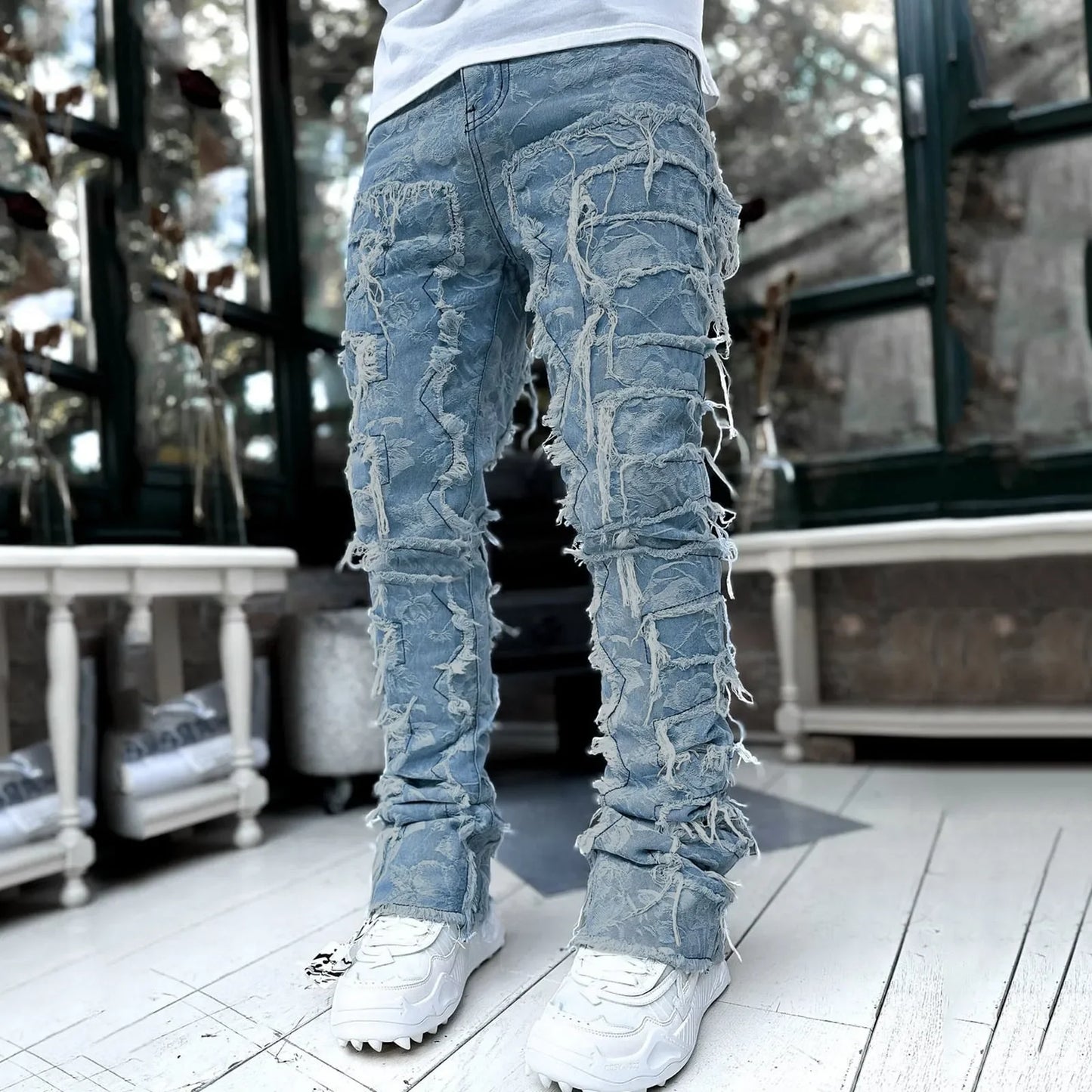 Creative Tassels Decoration Straight Fit Jeans Men Casual Medium Stretch Street Style Classic Man Straight Denim Wide-Leg Pants
