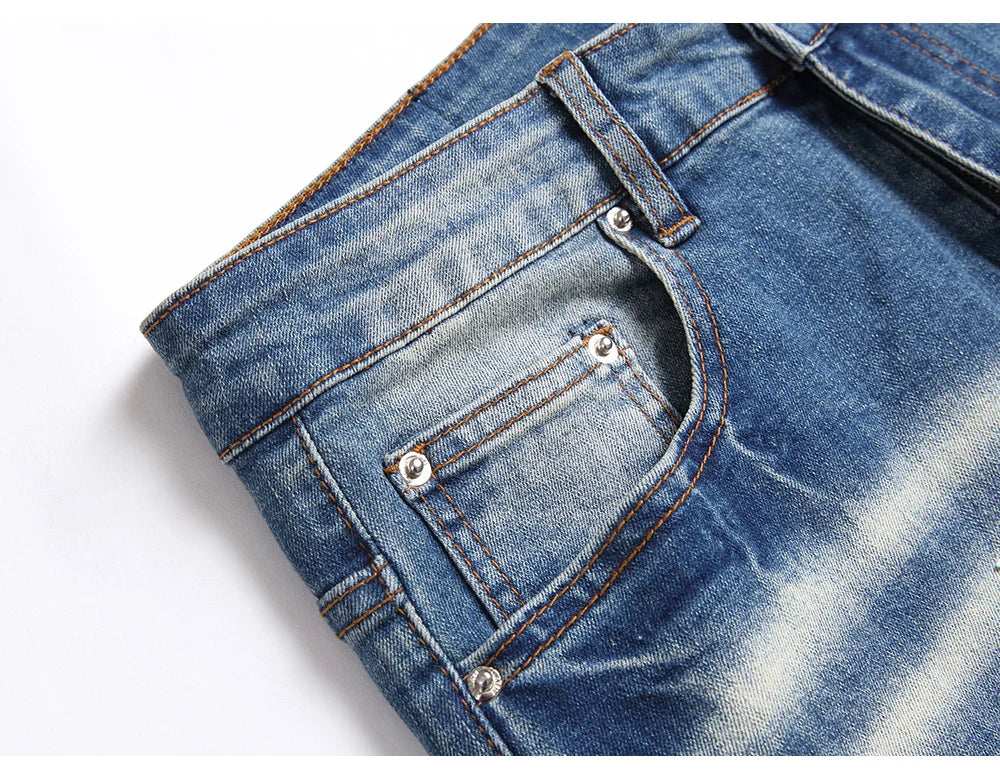 Men Leather Stars Patch Denim Jeans Streetwear Slim Tapered Pants Holes Ripped Distressed Stretch Cotton Trousers