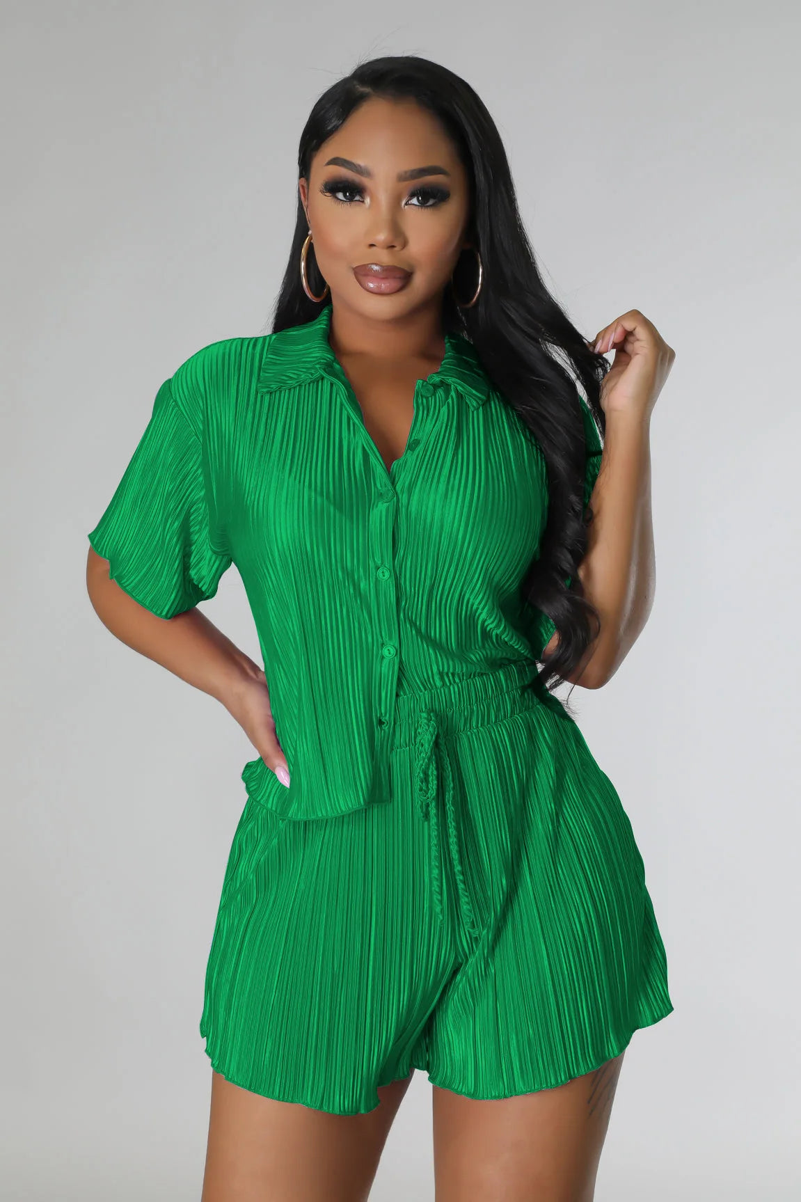 CM.YAYA Street Vintage Pleated Women's Set Short Sleeve Shirt Blouse and Shorts Suit 2023 INS Two 2 Piece Set Outfit Tracksuit